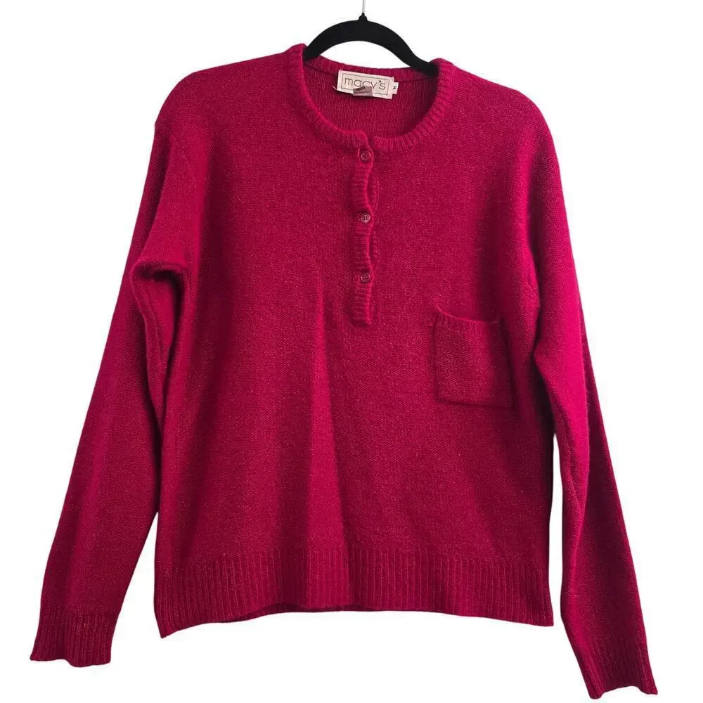 VTG Henley Sweater Red Sz M Silk Rabbit Hair Soft Cozy Y2K Minimalist Preppy